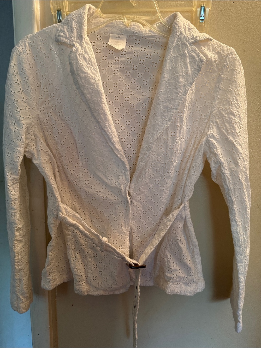 White Eyelet Tie-Waist Blazer Jacket - Women